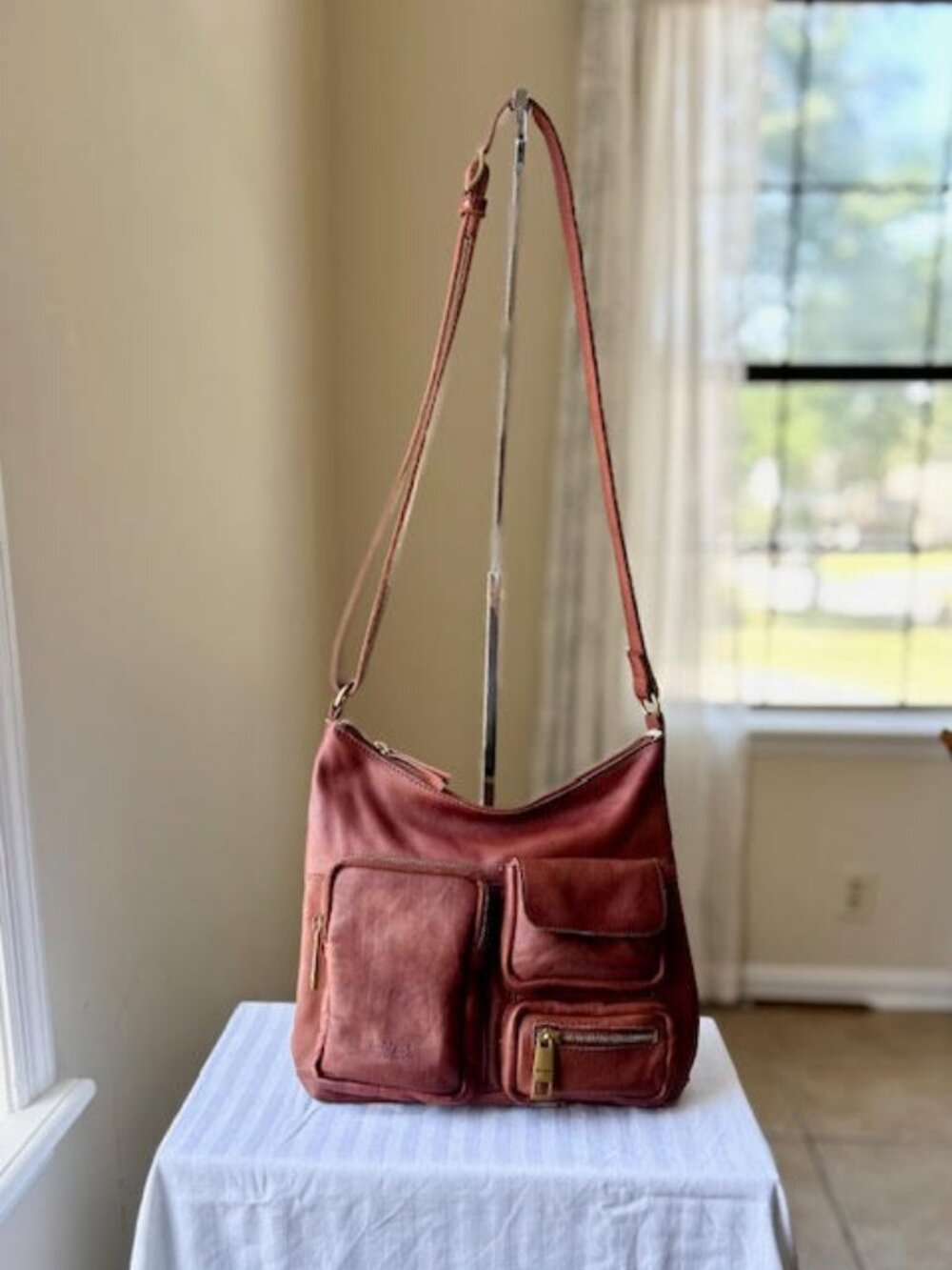 Margot New York Brandy Brown Leather Crossbody Hobo Bag - Picture 3 of 15
